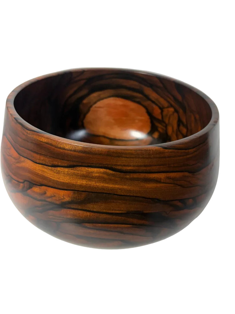A round wooden bowl with a rich, polished dark brown and golden-brown grain pattern