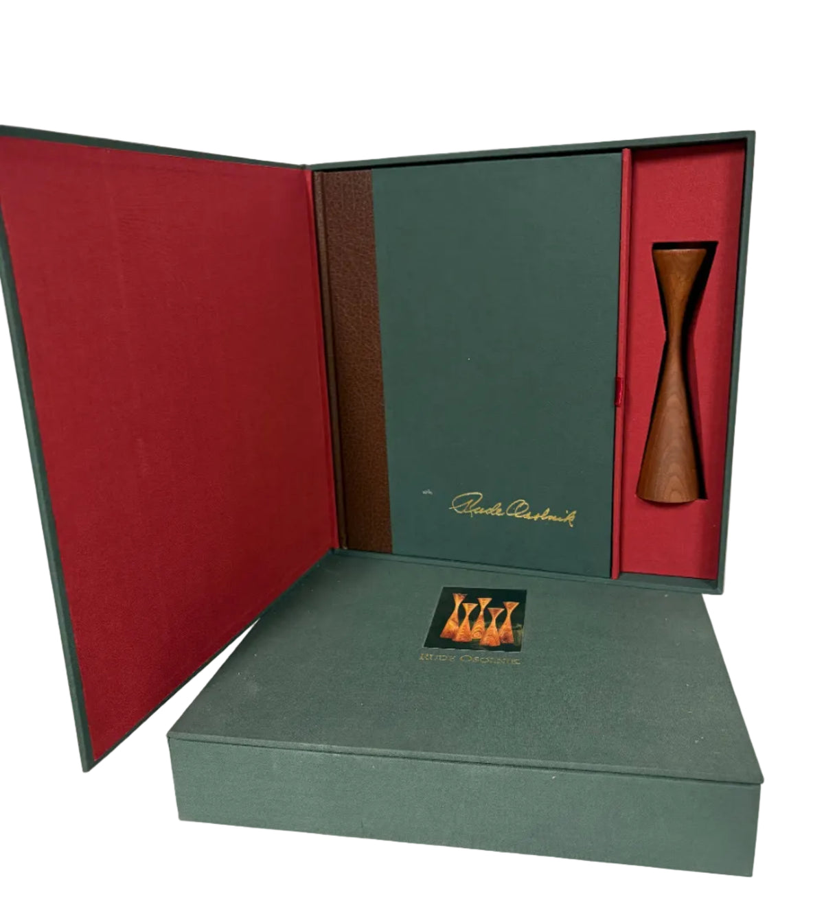 "Rude Osolnik: A Life Turning Wood – signed special edition book cover, green cloth with gold candleholder artwork"