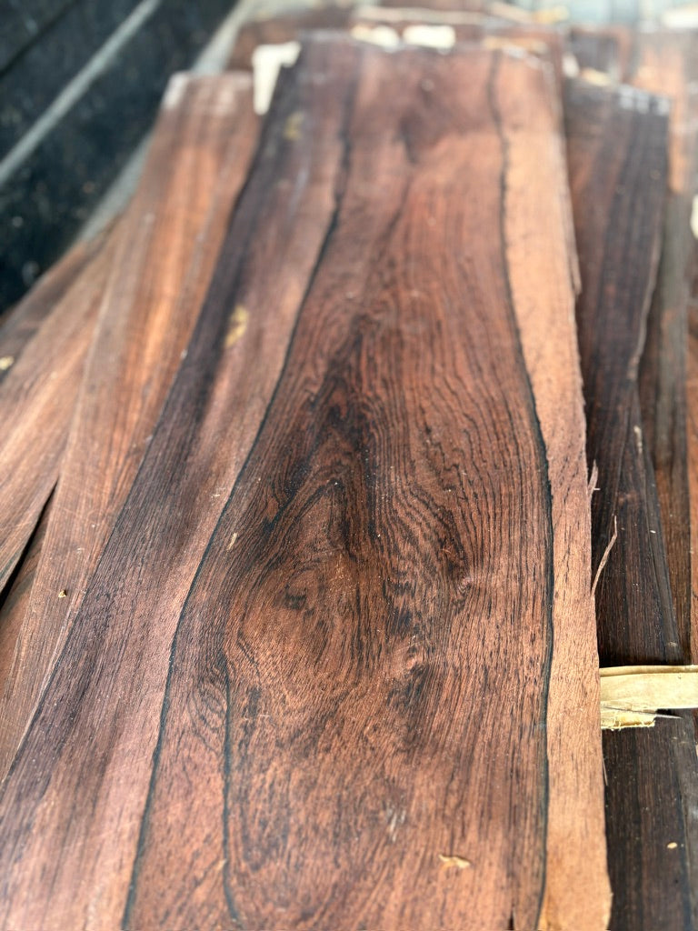 "Close-up of vintage Brazilian rosewood veneer grain and figure, D.R. Webb, circa 1950s"