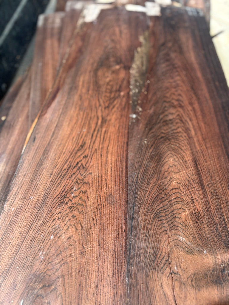 "Vintage Brazilian rosewood veneer showing natural checks, 10-foot length, guitar head plate stock"